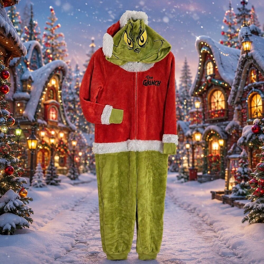 Dr. Seuss The Grinch Santa Adult Small Plush Hooded Costume Jumpsuit Christmas